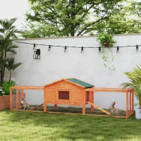 PawHut Wooden Rabbit Hutch with Run, Tray, Ramps, Asphalt Roof, 309 x 70 x 87cm, Orange(m-2)