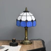 HOMCOM Handmade Stained Glass Table Lamp, Antique Bedside Lamp for Bedroom, Living room, Home, Nightstand, Decorative Night Light, Blue(m-6)