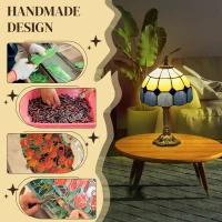 HOMCOM Handmade Stained Glass Table Lamp, Antique Bedside Lamp for Bedroom, Living room, Home, Nightstand, Decorative Night Light, Blue(m-4)
