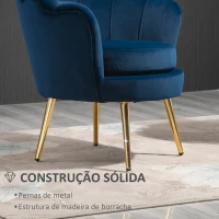 HOMCOM Poltrona Estofada em Veludo Poltrona para Quarto com Encosto em Forma de Concha e Pernas Douradas 76x67x74 cm Azul(m-6)