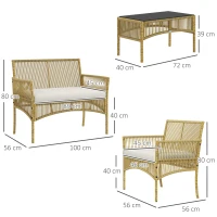 Outsunny Conjunto de Móveis de Jardim de Vime de 4 Peças de Varanda com 1 Sofá de 2 Lugares 2 Poltronas e Mesa de Centro Bege(m-3)