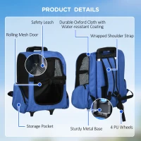 PawHut Rucsac 2-în-1 pentru Câini și Pisici cu Buzunare Laterale, Mâner Telescopic și Roti, 42x25x55 cm, Albastru(m-6)
