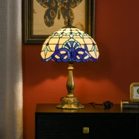 HOMCOM Stained Glass Table Lamp, Handmade Antique Bedside Lamp for Bedroom, Living room, Home, Nightstand, Decorative Night Light, Blue(m-6)
