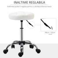 HOMCOM Scaun Rotativ cu Roti, Rotund, Scaun pentru Coafor și Estetician cu Înălțime Ajustabilă, Tapițat în Piele Ecologică, Ø35.5x51-67 cm, Alb(m-4)