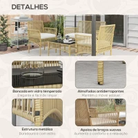Outsunny Conjunto de Móveis de Jardim de Vime de 4 Peças de Varanda com 1 Sofá de 2 Lugares 2 Poltronas e Mesa de Centro Bege(m-6)