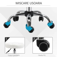 HOMCOM Scaun Rotativ cu Roti, Rotund, Scaun pentru Coafor și Estetician cu Înălțime Ajustabilă, Tapițat în Piele Ecologică, Ø35.5x51-67 cm, Alb(m-6)
