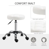 HOMCOM Scaun Rotativ cu Roti, Rotund, Scaun pentru Coafor și Estetician cu Înălțime Ajustabilă, Tapițat în Piele Ecologică, Ø35.5x51-67 cm, Alb(m-5)