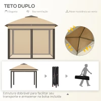 Outsunny Pérgola Dobrável Exterior com Altura Ajustável Teto Duplo  4 Mosquiteiras Removíveis e Bolsa de Transporte 3,3x3,3 m Bege(m-4)