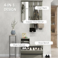 HOMCOM Set de Depozitare 4-în-1 pentru Hol, Cuier de Perete cu Oglindă, Bancă pentru Încălțăminte, 85x15x110 cm, Gri(m-4)