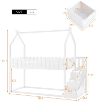 Lit superposé pour enfants en bois avec 3 marches et 2 tiroirs, décoration en clôture, 242,5x96,3x211,5 cm, Blanc(m-3)