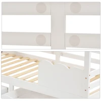 Lit pour Enfants Style Maison avec Protection Antichute, en Bois Massif de Pin, avec Fenêtres et Tiroirs, 203x96x160 cm, Blanc(m-9)