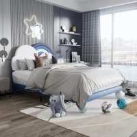 Lit Coffre Double avec Sommier à Lattes et Tête de Lit Réglable en Hauteur, en PU, 140x204,5x116-122 cm, Bleu(m-4)