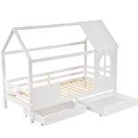 Lit pour Enfants Style Maison avec Protection Antichute, en Bois Massif de Pin, avec Fenêtres et Tiroirs, 203x96x160 cm, Blanc(m-2)