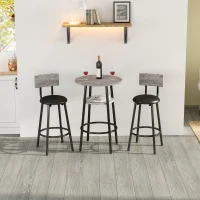 Ensemble Table Haute avec 2 Tabourets de Bar en Bois et Métal, Gris+Noir(m-1)