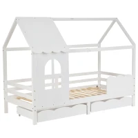Lit pour Enfants Style Maison avec Protection Antichute, en Bois Massif de Pin, avec Fenêtres et Tiroirs, 203x96x160 cm, Blanc(m-10)