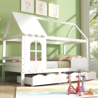 Lit pour Enfants Style Maison avec Protection Antichute, en Bois Massif de Pin, avec Fenêtres et Tiroirs, 203x96x160 cm, Blanc(m-5)