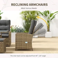Outsunny 6 Seater Rattan Dining Set with 2 Reclining Chairs, Loveseat, 2 Stools, Rattan Garden Furniture Set with Cushions, Rectangular Glass Top Table, Aluminium Frame, Mixed Grey(m-7)