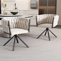 Set de 2 scaune de dining din material cu efect de catifea, tapițate, rotative la 360° cu design ergonomic și structură din metal, Bej(m-2)