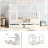 Lit pour Enfants Style Maison avec Protection Antichute, en Bois Massif de Pin, avec Fenêtres et Tiroirs, 203x96x160 cm, Blanc(m-6)