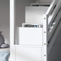 Lit superposé pour enfants en bois avec 3 marches et 2 tiroirs, décoration en clôture, 242,5x96,3x211,5 cm, Blanc(m-7)