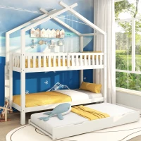 Lit Superposé pour Enfants en Bois de Pin avec 3 Lits, Design Gain de Place, 206x97x235 cm, Blanc(m-1)