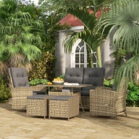 Outsunny 6 Seater Rattan Dining Set with 2 Reclining Chairs, Loveseat, 2 Stools, Rattan Garden Furniture Set with Cushions, Rectangular Glass Top Table, Aluminium Frame, Mixed Grey(m-2)