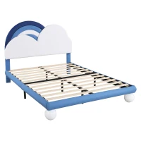 Lit Coffre Double avec Sommier à Lattes et Tête de Lit Réglable en Hauteur, en PU, 140x204,5x116-122 cm, Bleu(m-2)