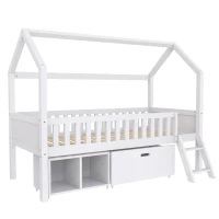 Lit Superposé pour Chambre d'Enfant avec Escaliers, Étagères et Garde-Corps, en Bois de Pin, avec Rangement, 205.5x99.5x161.5 cm, Blanc(m-2)