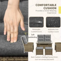 Outsunny 6 Seater Rattan Dining Set with 2 Reclining Chairs, Loveseat, 2 Stools, Rattan Garden Furniture Set with Cushions, Rectangular Glass Top Table, Aluminium Frame, Mixed Grey(m-5)