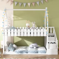 Lit superposé pour enfants en bois avec 3 marches et 2 tiroirs, décoration en clôture, 242,5x96,3x211,5 cm, Blanc(m-1)