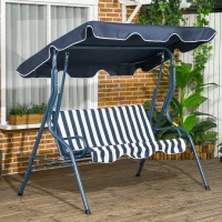 Outsunny 3 Seater Canopy Swing Chair Outdoor Garden Bench with Adjustable Canopy and Metal Frame - Blue Stripes(m-2)
