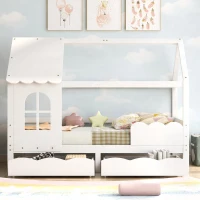 Lit pour Enfants Style Maison avec Protection Antichute, en Bois Massif de Pin, avec Fenêtres et Tiroirs, 203x96x160 cm, Blanc(m-4)