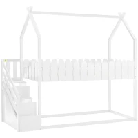 Lit superposé pour enfants en bois avec 3 marches et 2 tiroirs, décoration en clôture, 242,5x96,3x211,5 cm, Blanc(m-2)