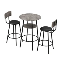 Ensemble Table Haute avec 2 Tabourets de Bar en Bois et Métal, Gris+Noir(m-2)