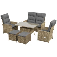 Outsunny 6 Seater Rattan Dining Set with 2 Reclining Chairs, Loveseat, 2 Stools, Rattan Garden Furniture Set with Cushions, Rectangular Glass Top Table, Aluminium Frame, Mixed Grey(m-11)
