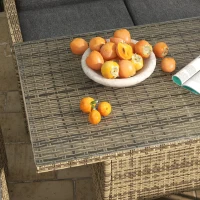 Outsunny 6 Seater Rattan Dining Set with 2 Reclining Chairs, Loveseat, 2 Stools, Rattan Garden Furniture Set with Cushions, Rectangular Glass Top Table, Aluminium Frame, Mixed Grey(m-9)