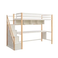 Lit Superposé pour Enfants en Bois avec Échelle de Rangement et Bureau Enfant avec Rangement Intégré, Blanc+Chêne(m-2)