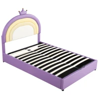 Lit Coffre Double avec Système Hydraulique, Sommier à Lattes et Tête de Lit Réglable en Hauteur, en Bois, 140x203x125-131 cm, Violet(m-10)