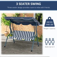 Outsunny 3 Seater Canopy Swing Chair Outdoor Garden Bench with Adjustable Canopy and Metal Frame - Blue Stripes(m-6)