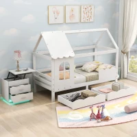 Lit pour Enfants Style Maison avec Protection Antichute, en Bois Massif de Pin, avec Fenêtres et Tiroirs, 203x96x160 cm, Blanc(m-1)