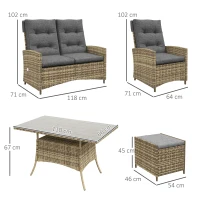 Outsunny 6 Seater Rattan Dining Set with 2 Reclining Chairs, Loveseat, 2 Stools, Rattan Garden Furniture Set with Cushions, Rectangular Glass Top Table, Aluminium Frame, Mixed Grey(m-3)