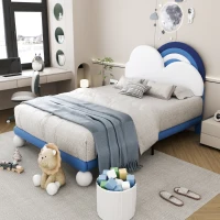 Lit Coffre Double avec Sommier à Lattes et Tête de Lit Réglable en Hauteur, en PU, 140x204,5x116-122 cm, Bleu(m-1)