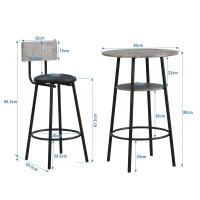 Ensemble Table Haute avec 2 Tabourets de Bar en Bois et Métal, Gris+Noir(m-3)