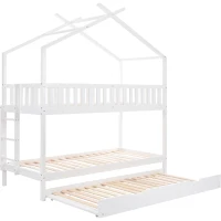 Lit Superposé pour Enfants en Bois de Pin avec 3 Lits, Design Gain de Place, 206x97x235 cm, Blanc(m-2)
