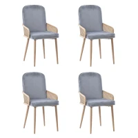 Ensemble de 4 chaises rembourrées en velours avec design en rotin et pieds en métal effet bois pour salle à manger, salon et chambre à coucher, Gris(m-2)