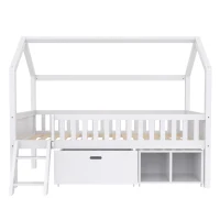 Lit Superposé pour Chambre d'Enfant avec Escaliers, Étagères et Garde-Corps, en Bois de Pin, avec Rangement, 205.5x99.5x161.5 cm, Blanc(m-9)