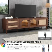 Wooden TV Stand for 80-Inch TV with Rattan Drawers, LED Lighting, Glass Doors, Modern Media Unit for Living Room, 180x40x50 cm, Brown(m-5)
