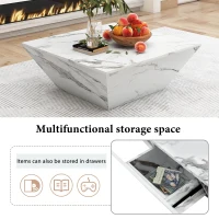 Modern Trapezoidal Coffee Table with 2 Drawers, Marbling Veneer End Table, Side Table with Storage for Living Room, 70x70x37 cm, White(m-5)