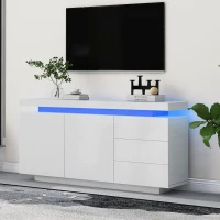 Mid-Century Style Sideboard with 16-Colour LED Lights, 2 Doors and 3 Drawers, Cupboard for Hallway, 140x35x72.5 cm, White(m-7)