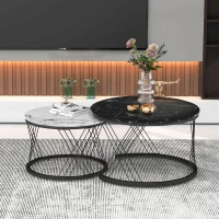 Nesting Coffee Tables with Marble Top, Metal Frame, Sofa Side Tables for Bedroom, Living Room, 70x70x45.5 cm and 44.5x44.5x38 cm, Black(m-9)